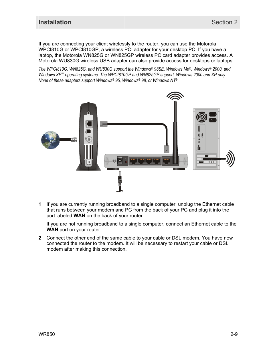 98se, windows me, Windows, 2000, and windows xp | 95, windows, 98, or windows nt | Motorola WR850GP User Manual | Page 23 / 123