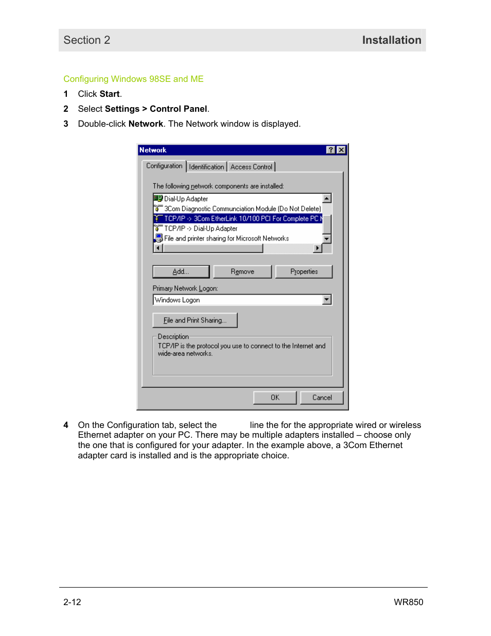 Configuring windows 98se and me | Motorola WR850GP User Manual | Page 26 / 123