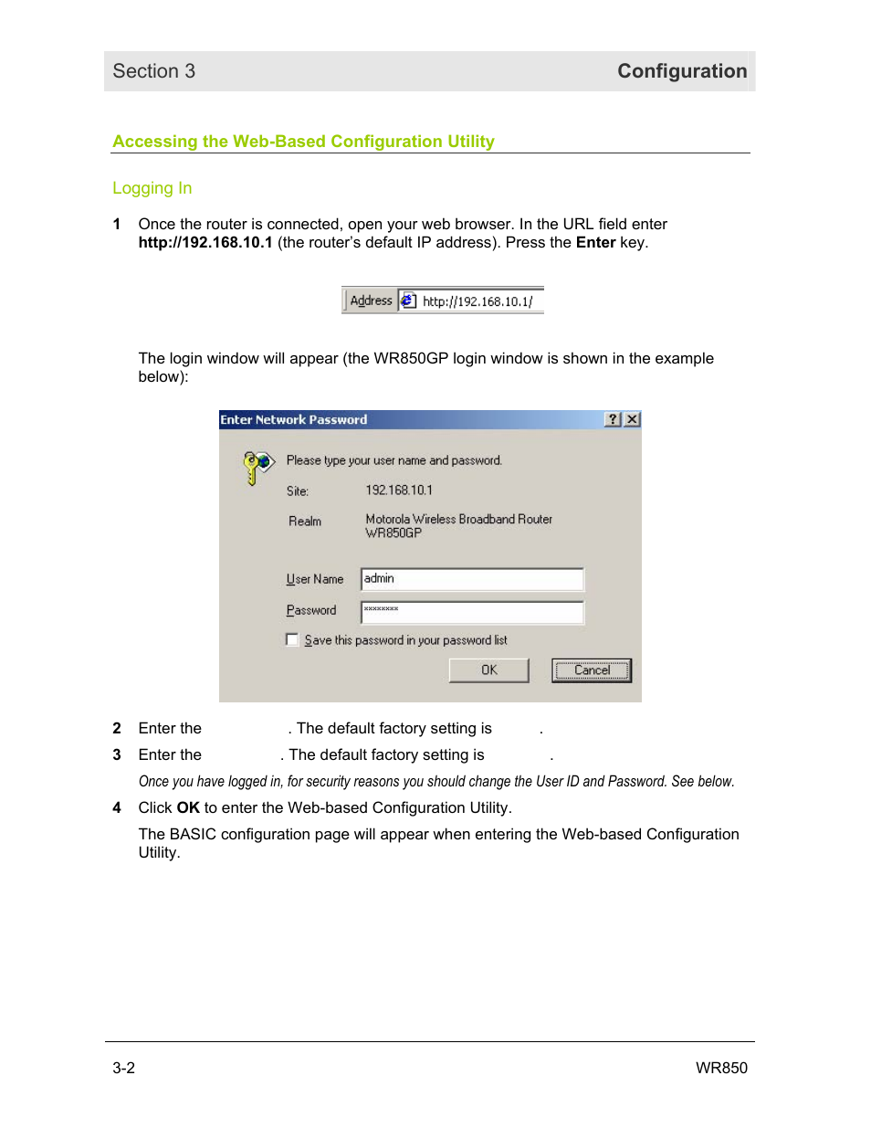 Accessing the web-based configuration utility, Logging in | Motorola WR850GP User Manual | Page 35 / 123
