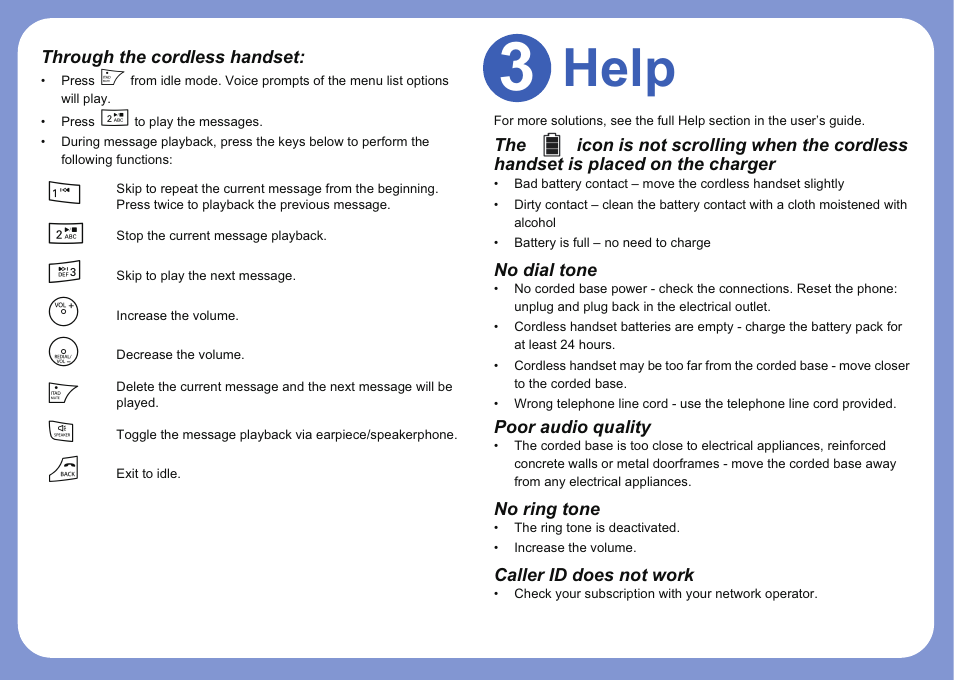 Help, Through the cordless handset, No dial tone | Poor audio quality, No ring tone, Caller id does not work | Motorola L402C User Manual | Page 7 / 8
