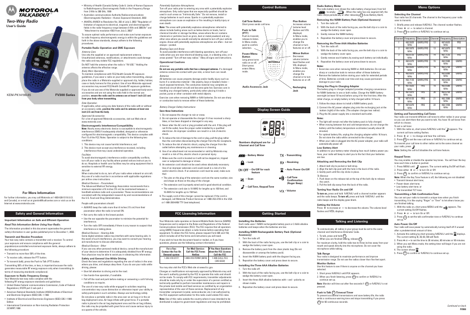 Motorola TALKABOUT FV300 User Manual | 2 pages