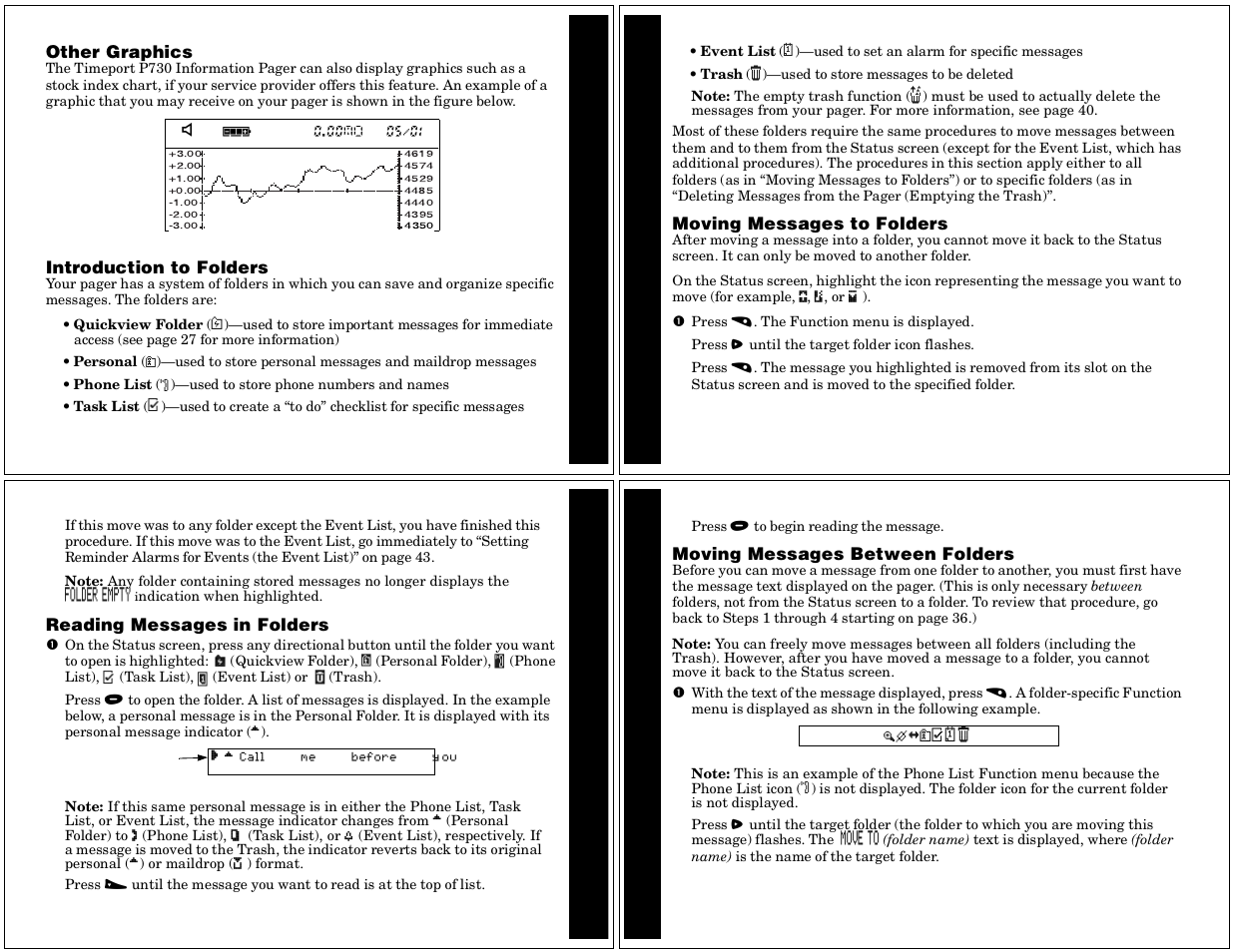 Folders, Reading messages in folders, Moving messages between folders | Fo ld e r s | Motorola Timeport P730 User Manual | Page 10 / 15