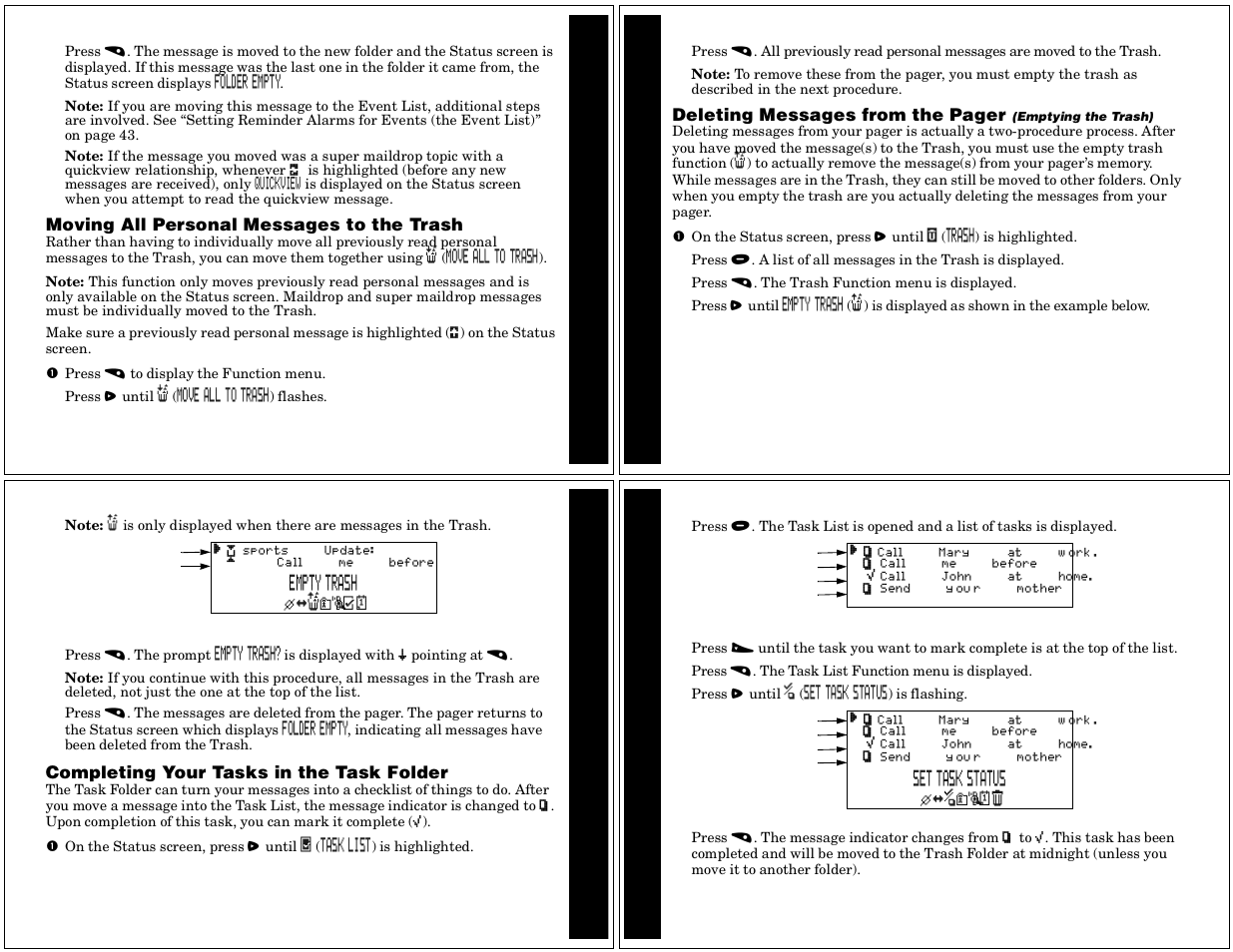Moving all personal messages to the trash, Completing your tasks in the task folder, Fo l d er s | Fo ld e r s | Motorola Timeport P730 User Manual | Page 11 / 15