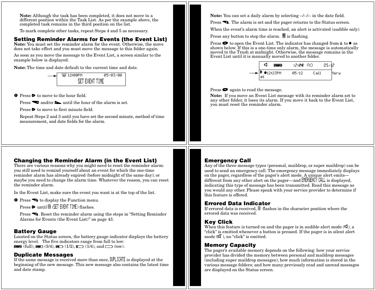 Changing the reminder alarm (in the event list), Features, Battery gauge | Duplicate messages, Emergency call, Errored data indicator, Key click, Memory capacity, Fo ld e r s, Fe at ure s | Motorola Timeport P730 User Manual | Page 12 / 15
