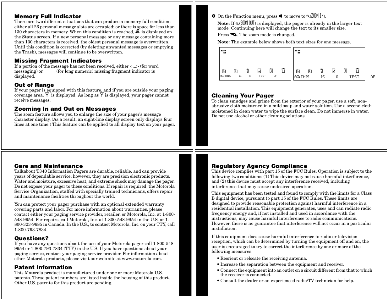 Memory full indicator, Missing fragment indicators, Out of range | Zooming in and out on messages, Use and care, Care and maintenance, Questions, Patent information, Regulatory agency compliance, Fe a t ure s | Motorola Timeport P730 User Manual | Page 13 / 15