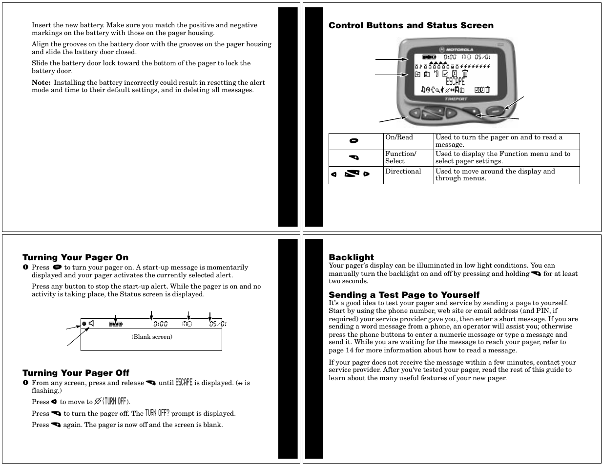 Control buttons and status screen, Backlight, Ge t t ing s t ar t e d | Ge tti n g st a r te d | Motorola Timeport P730 User Manual | Page 2 / 15