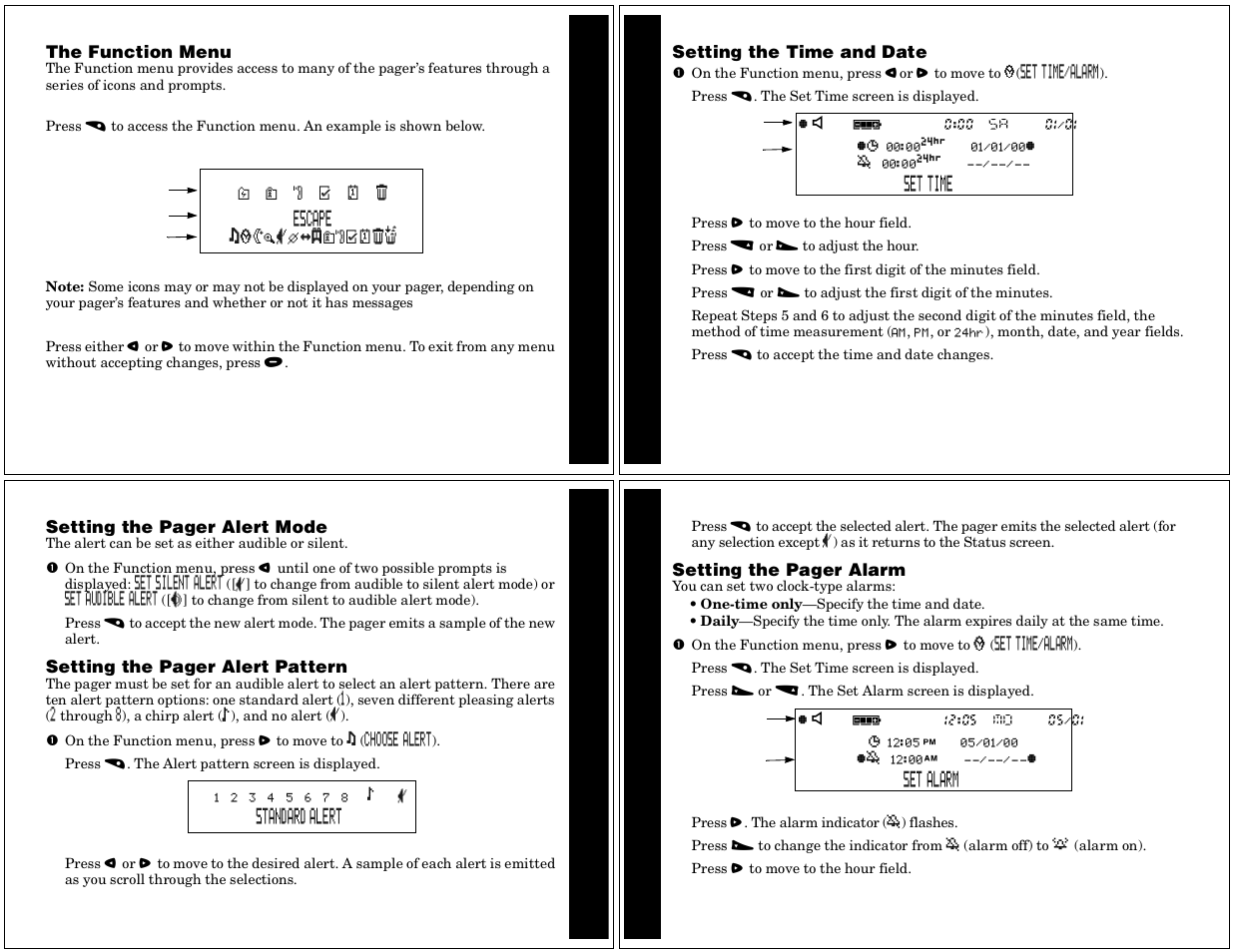 Setting up, The function menu, Setting the time and date | Set t ing up | Motorola Timeport P730 User Manual | Page 3 / 15