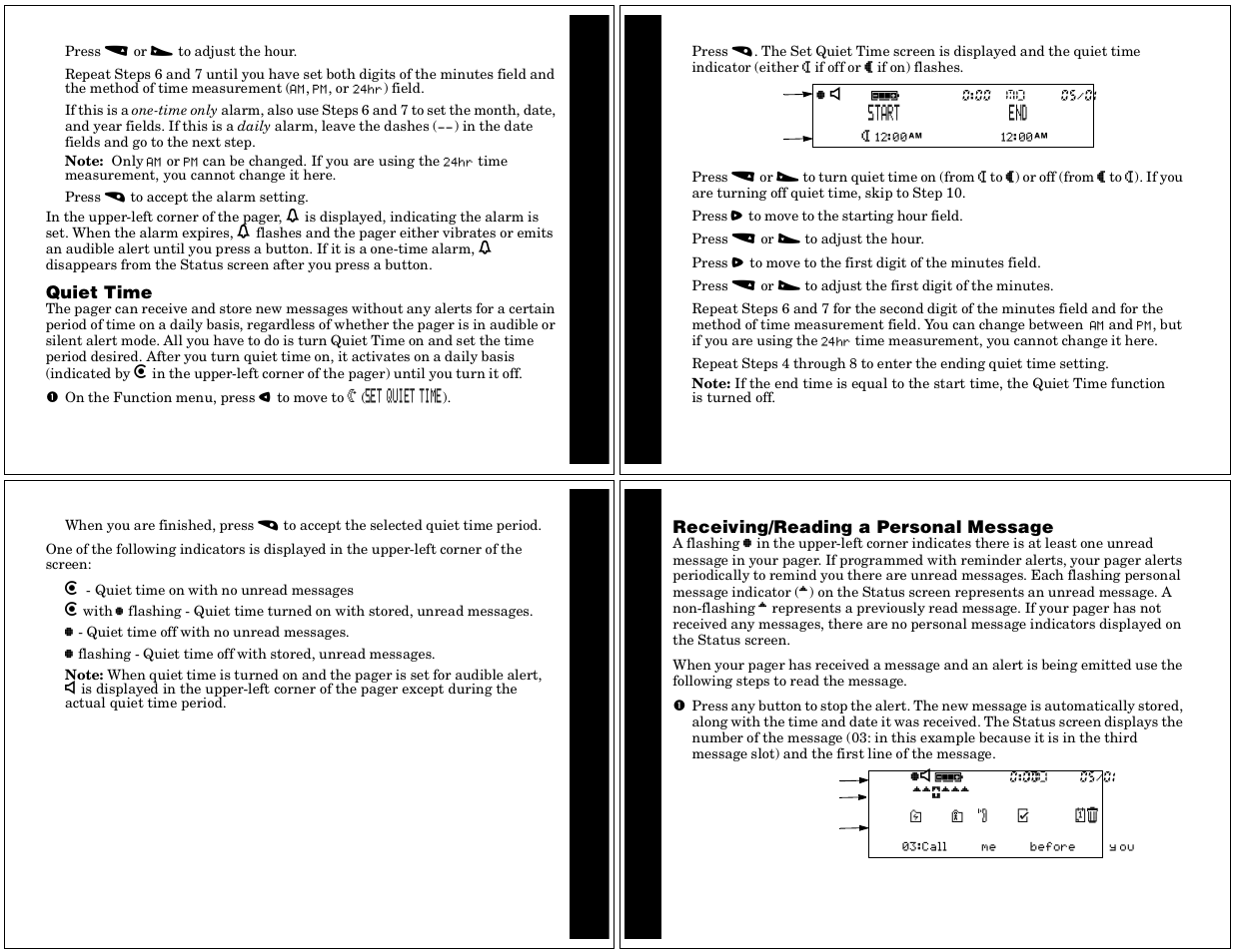 Quiet time, Personal messages, Receiving/ reading a personal message | Ddpddd, Set t ing up, Se tt in g u p | Motorola Timeport P730 User Manual | Page 4 / 15