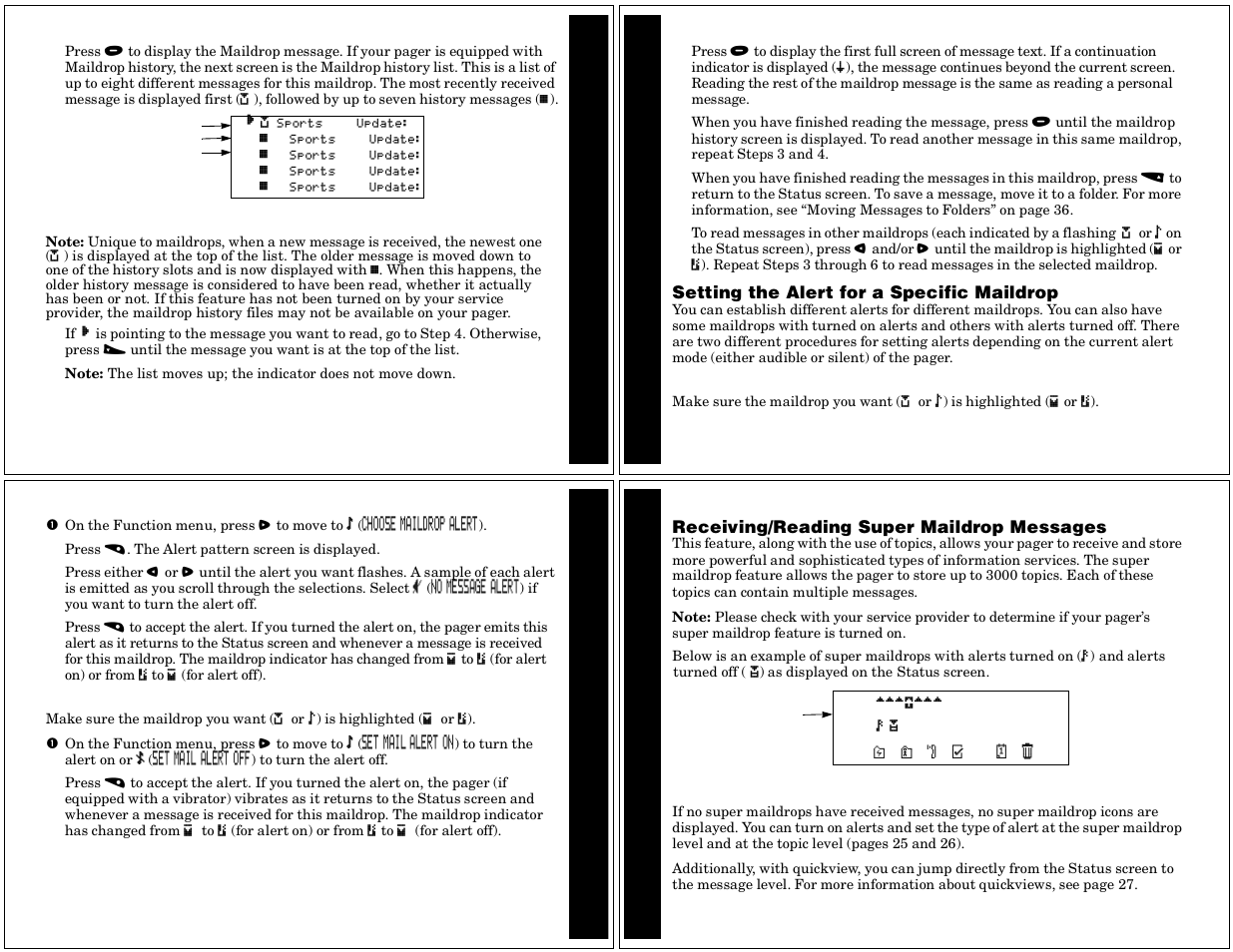 Setting the alert for a specific maildrop, Receiving/ reading super maildrop messages, Dddpddd bi | Motorola Timeport P730 User Manual | Page 6 / 15