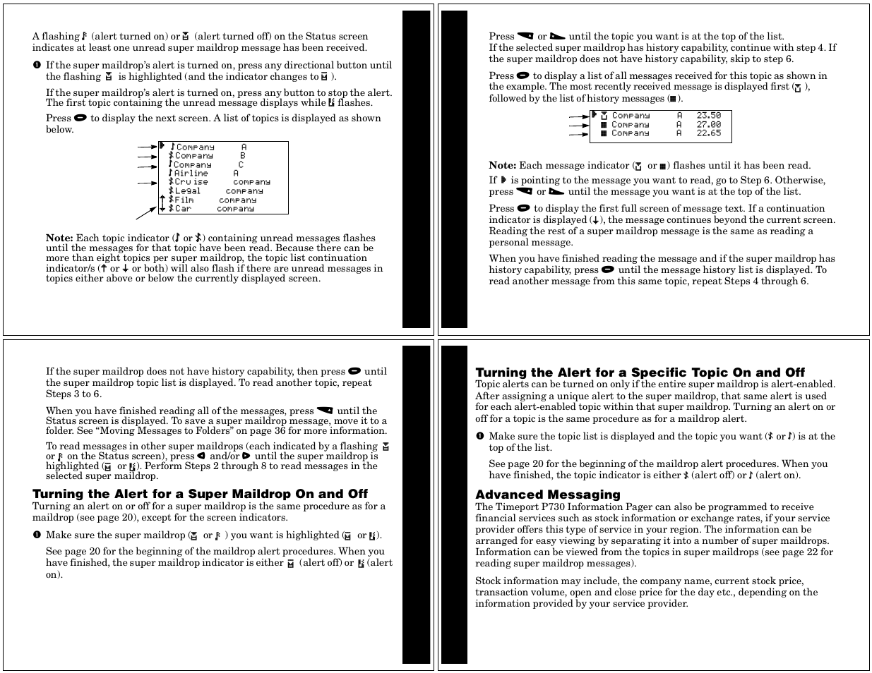 Turning the alert for a super maildrop on and off, Turning the alert for a specific topic on and off, Advanced messaging | Ad v anc ed m ess a g ing | Motorola Timeport P730 User Manual | Page 7 / 15