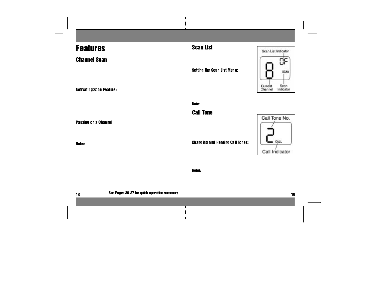 Scan list, Setting the scan list menu, Use scroll buttons to change channel | Call tone, Changing and hearing call tones, Notes, Figure 17, Figure 18, Features, Channel scan | Motorola TA280 User Manual | Page 11 / 22