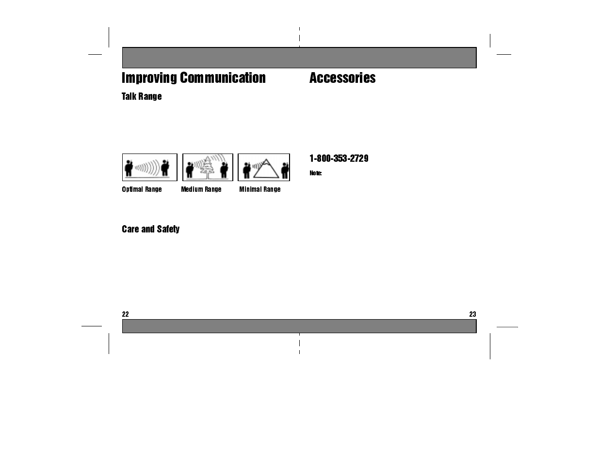 Accessories, Improving communication, Talk range | Care and safety, Optimal range, Talk range in flat, open areas, up to 2 miles, Medium range, Minimal range, Dense foliage or mountains can limit range, Psurylqj &rppxqlfdwlrq | Motorola TA280 User Manual | Page 13 / 22