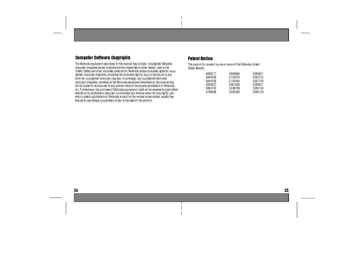 Computer software copyrights, D408396, D395882 | D399821, D383745, D387758, D389827, D389158, D389139, Patent notice | Motorola TA280 User Manual | Page 19 / 22