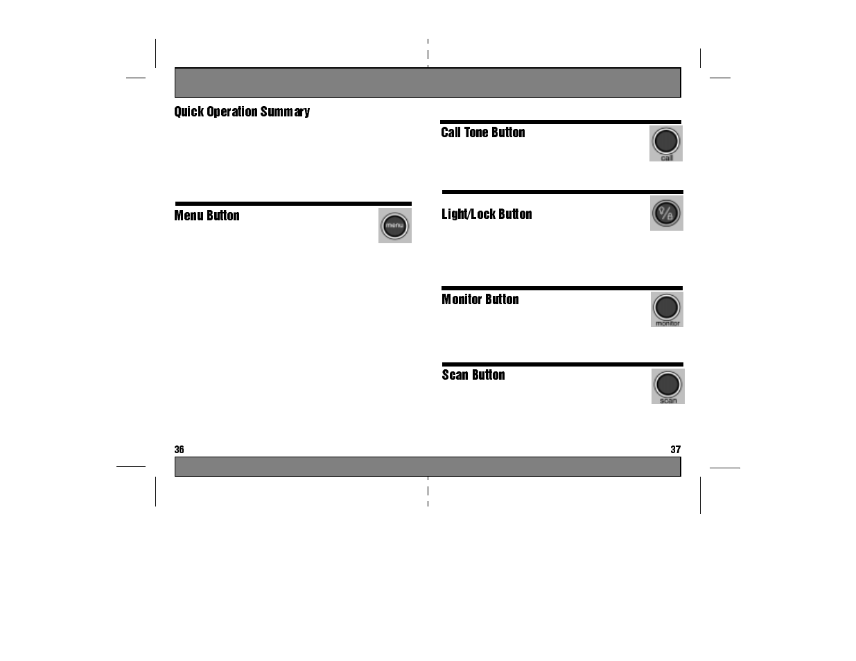 Quick operation summary, Menu button, Function press menu to change use press to set | Channel selection once scroll buttons push-to-talk, Code selection 2 times scroll buttons push-to-talk, Scan list 3 times scan button push-to-talk, Auto power off 6 times scroll buttons push-to-talk, Light/lock button, Monitor button, Function press monitor | Motorola TA280 User Manual | Page 20 / 22