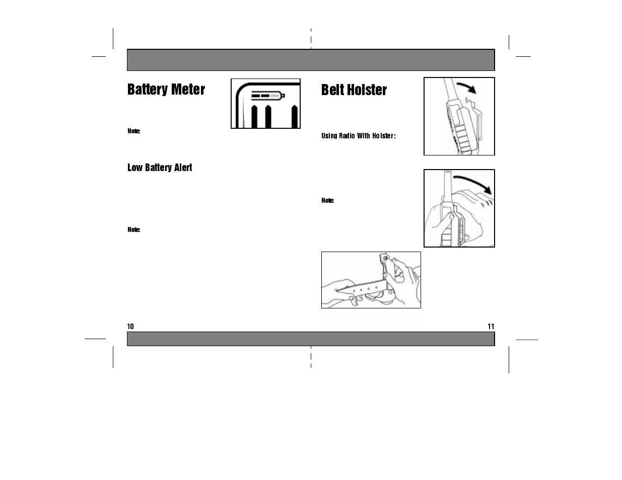 Belt holster, Using radio with holster, Figure 8 | Figure 9, Figure 7, Figure 10, Battery meter, Low battery alert, When the battery is low, the radio will beep, 3 to 4 seconds after turning power on | Motorola TA280 User Manual | Page 7 / 22