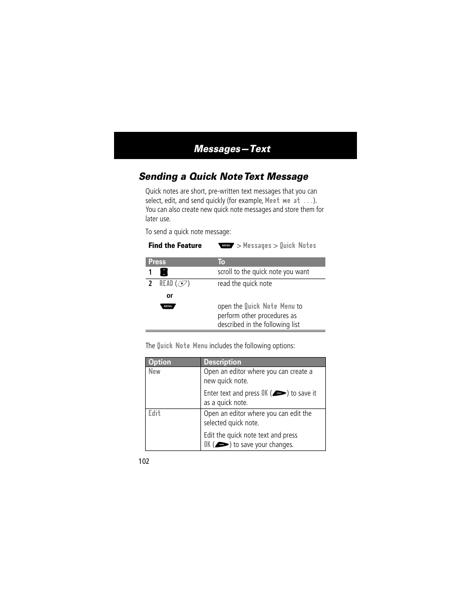 Sending a quick note text message, Messages—text | Motorola 60t User Manual | Page 104 / 192