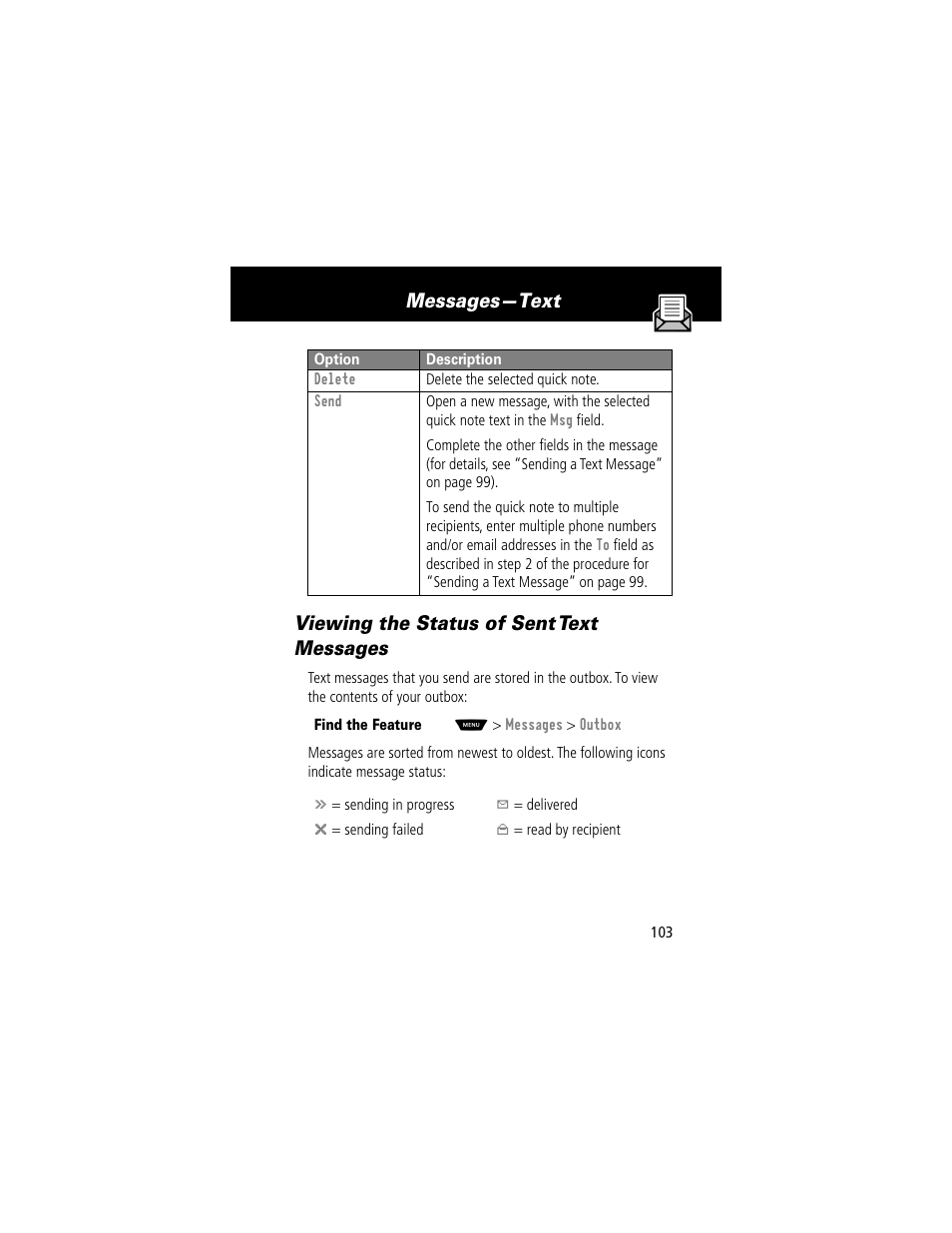 Viewing the status of sent text messages, Locking and unlocking your keypad | Motorola 60t User Manual | Page 105 / 192
