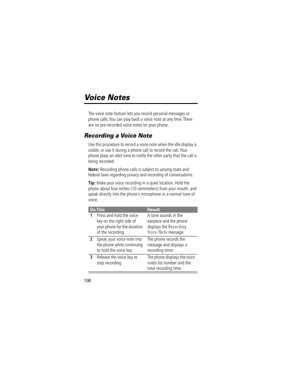 Voice notes, Recording a voice note | Motorola 60t User Manual | Page 110 / 192