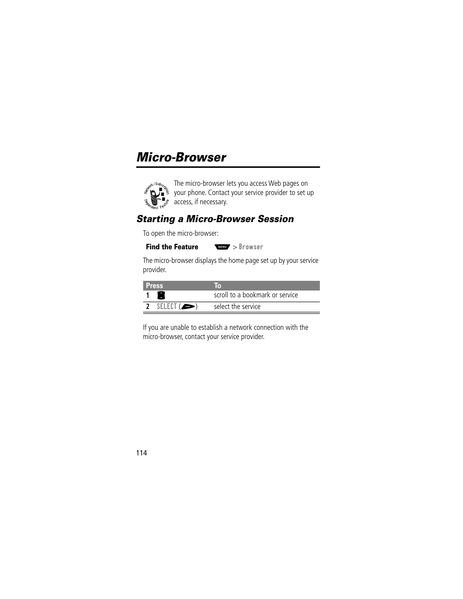 Micro-browser, Starting a micro-browser session | Motorola 60t User Manual | Page 116 / 192