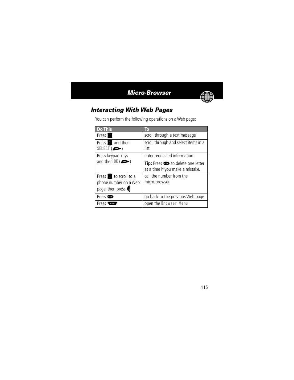 Micro-browser interacting with web pages | Motorola 60t User Manual | Page 117 / 192