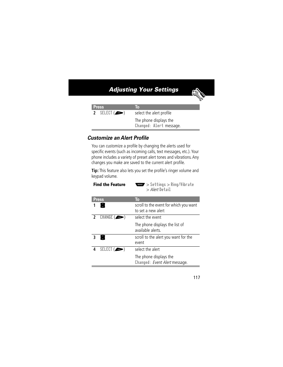 Adjusting your settings, Customize an alert profile | Motorola 60t User Manual | Page 119 / 192