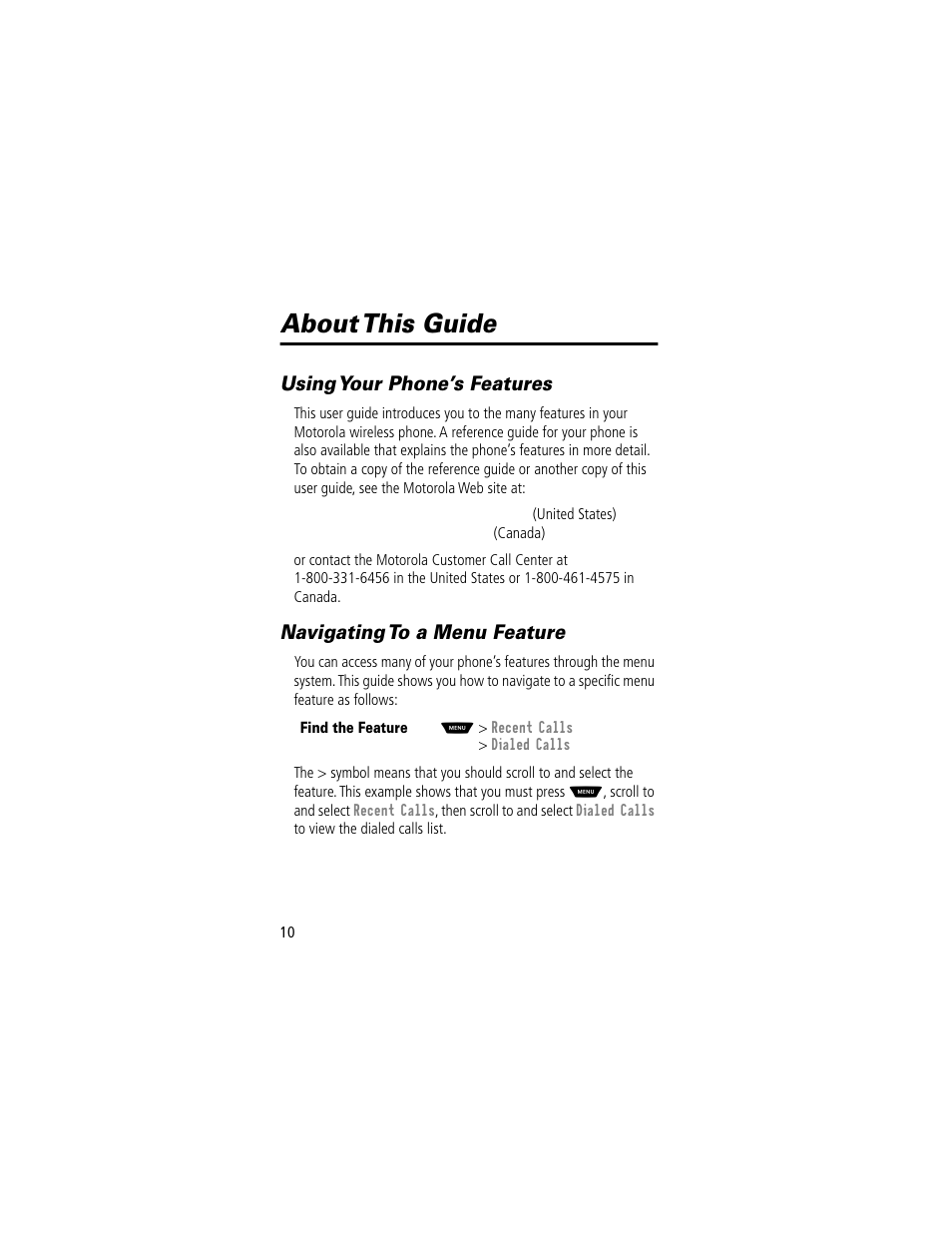 About this guide, Using your phone’s features, Navigating to a menu feature | Motorola 60t User Manual | Page 12 / 192