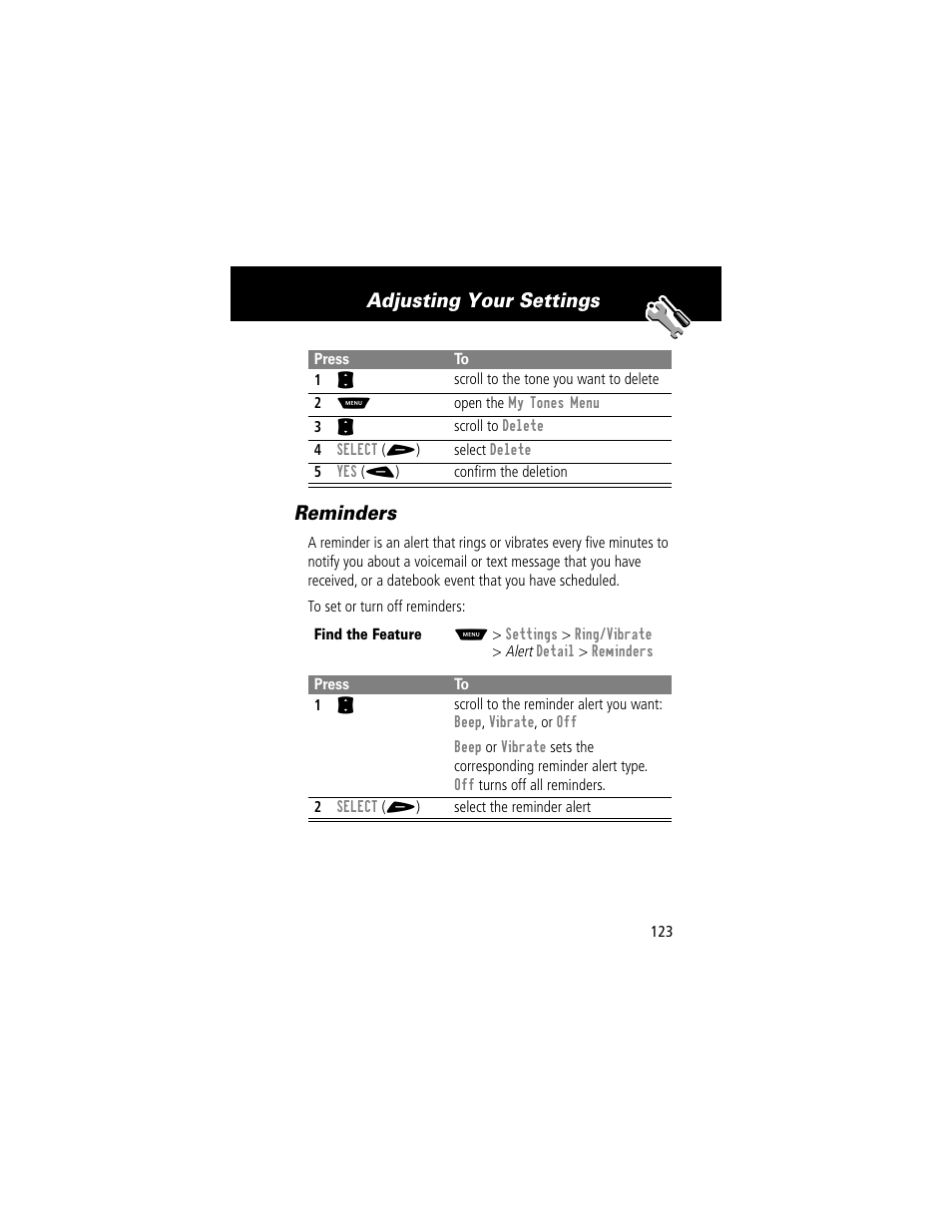 Reminders, Adjusting your settings reminders | Motorola 60t User Manual | Page 125 / 192