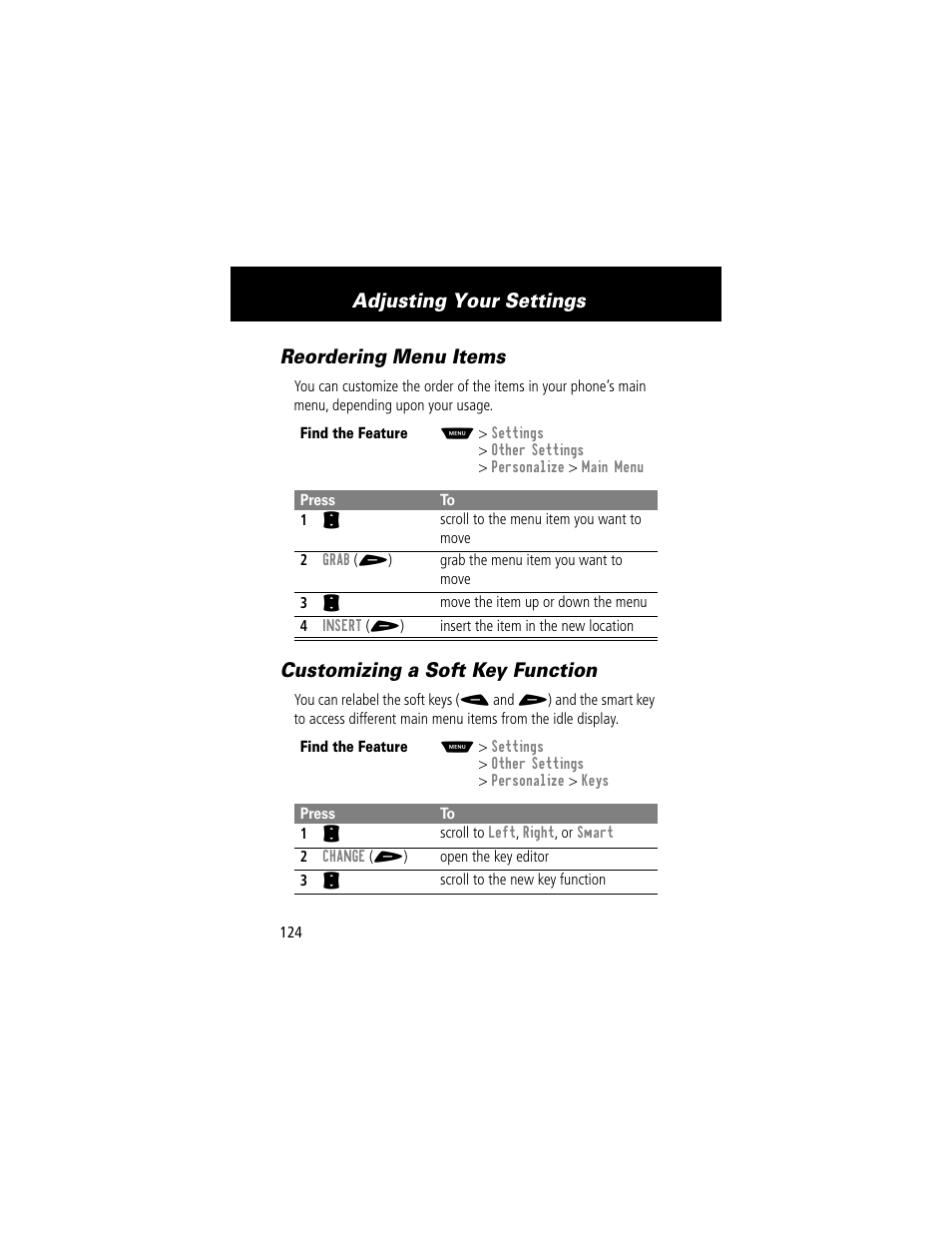 Reordering menu items, Customizing a soft key function, Adjusting your settings | Motorola 60t User Manual | Page 126 / 192