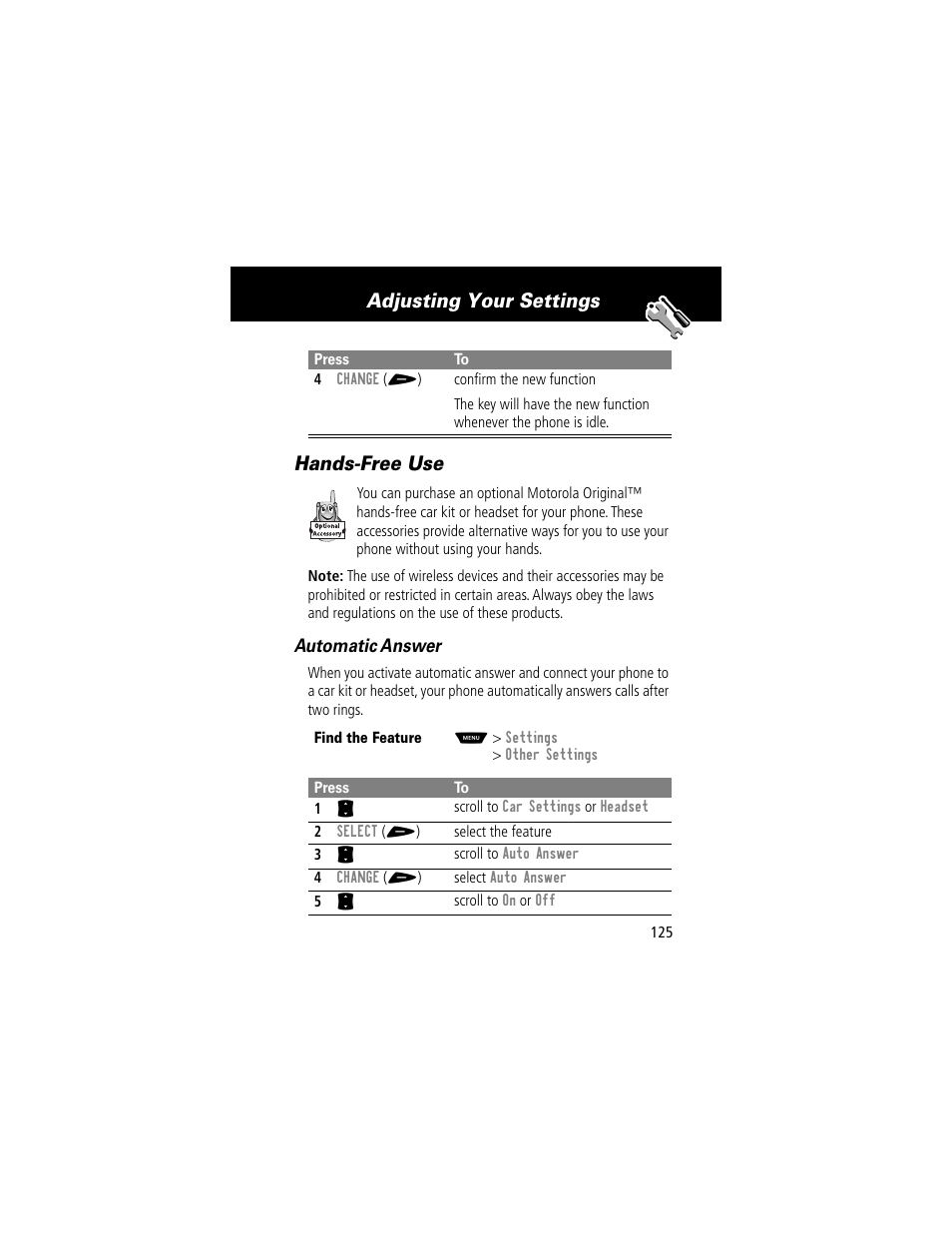 Hands-free use, Adjusting your settings hands-free use, Automatic answer | Motorola 60t User Manual | Page 127 / 192