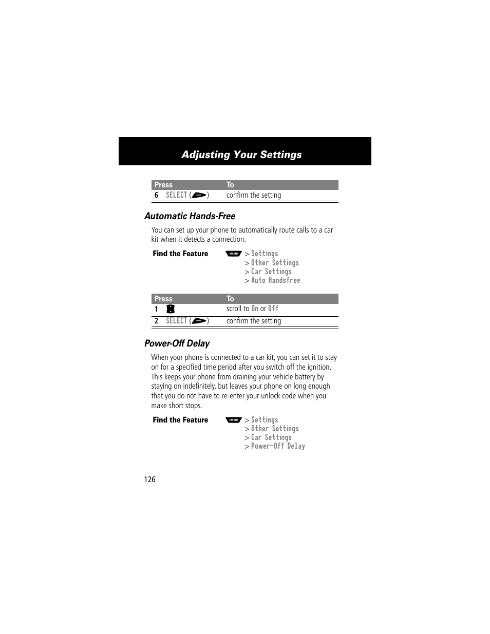 Adjusting your settings, Automatic hands-free, Power-off delay | Motorola 60t User Manual | Page 128 / 192