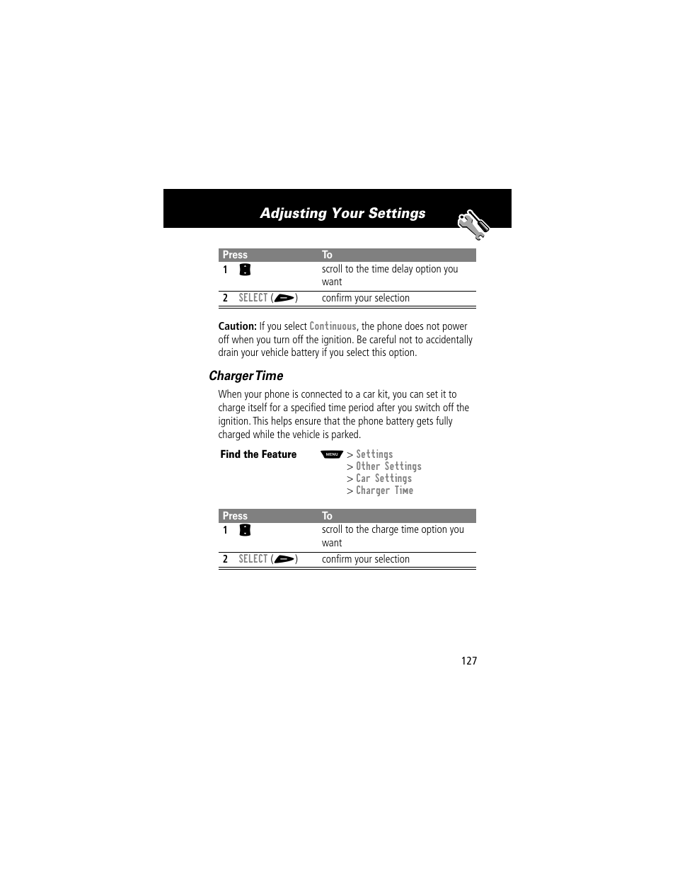 Adjusting your settings, Charger time | Motorola 60t User Manual | Page 129 / 192