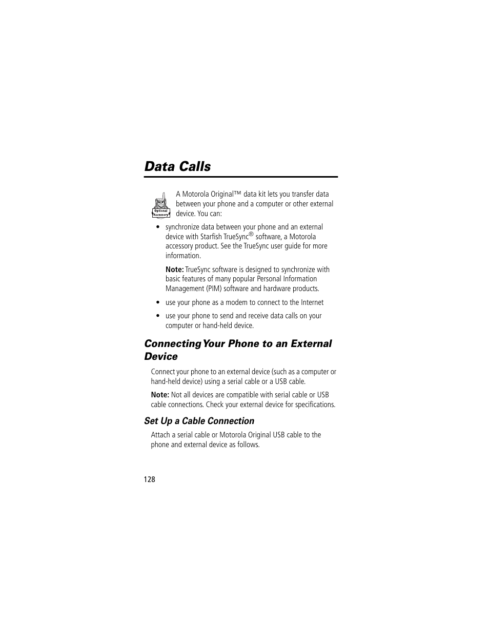 Data calls, Connecting your phone to an external device | Motorola 60t User Manual | Page 130 / 192