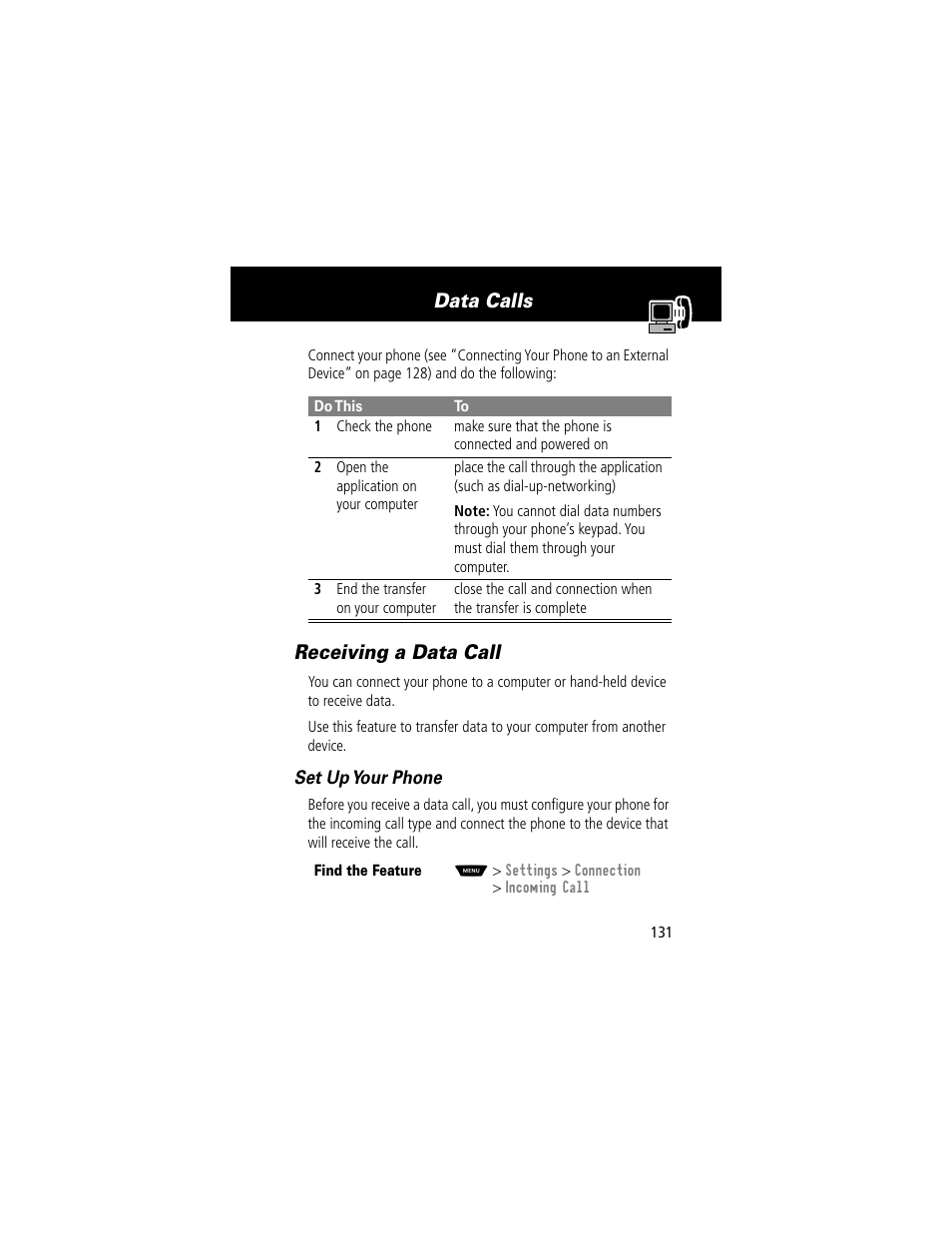 Receiving a data call, Data calls, Set up your phone | Motorola 60t User Manual | Page 133 / 192