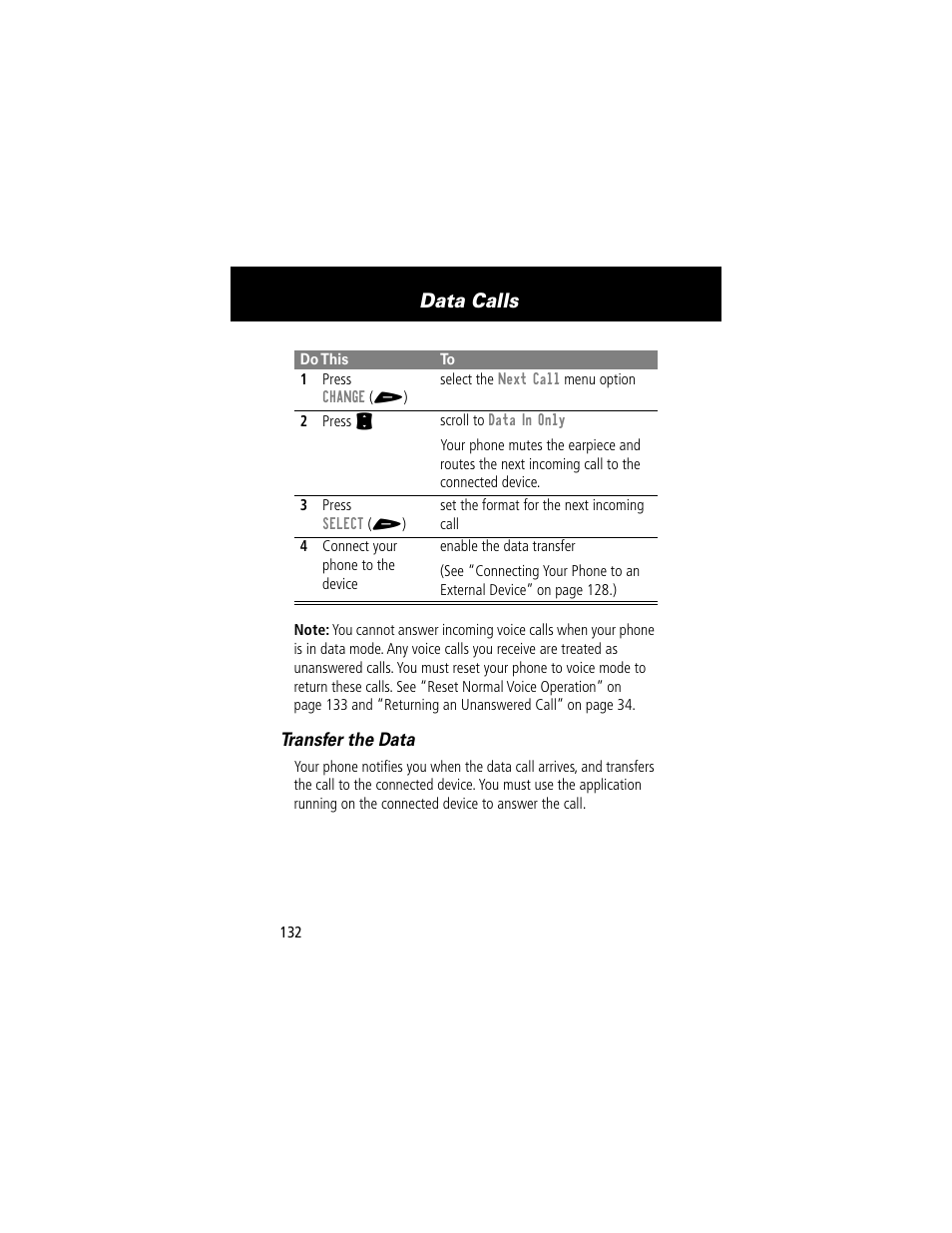Data calls, Transfer the data | Motorola 60t User Manual | Page 134 / 192