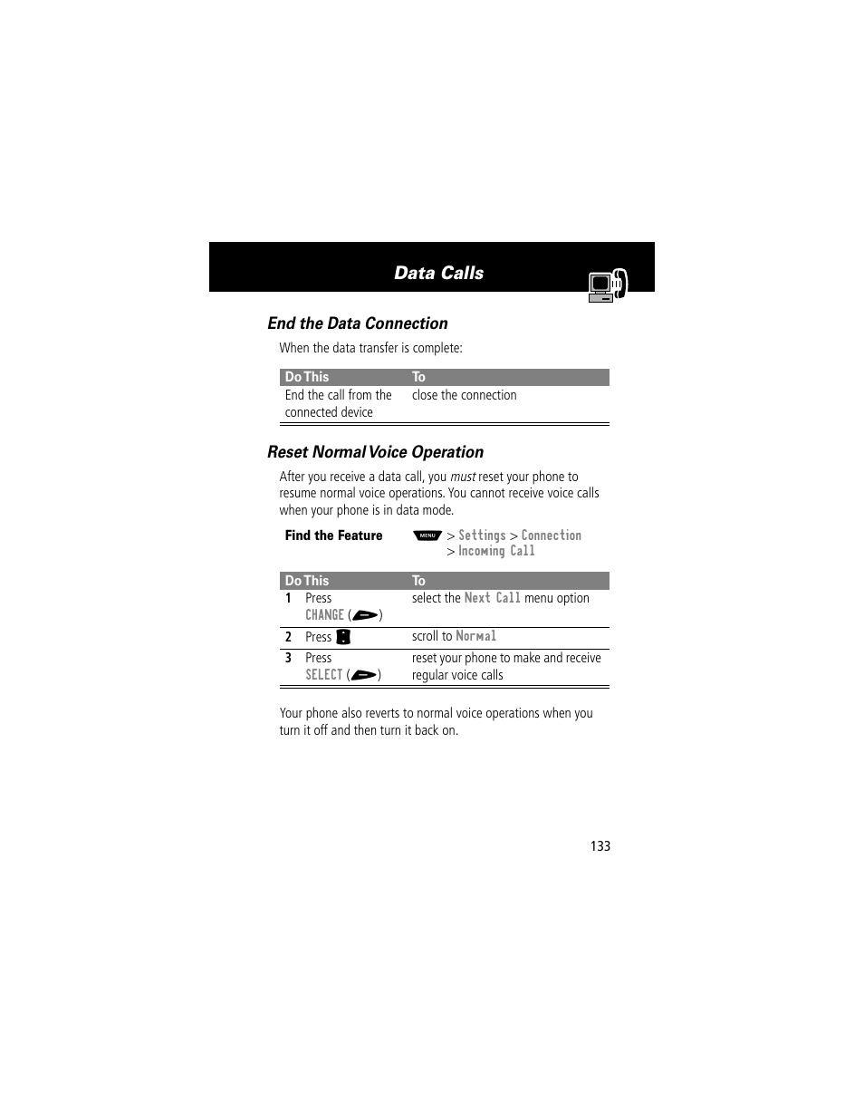 Data calls, End the data connection, Reset normal voice operation | Motorola 60t User Manual | Page 135 / 192