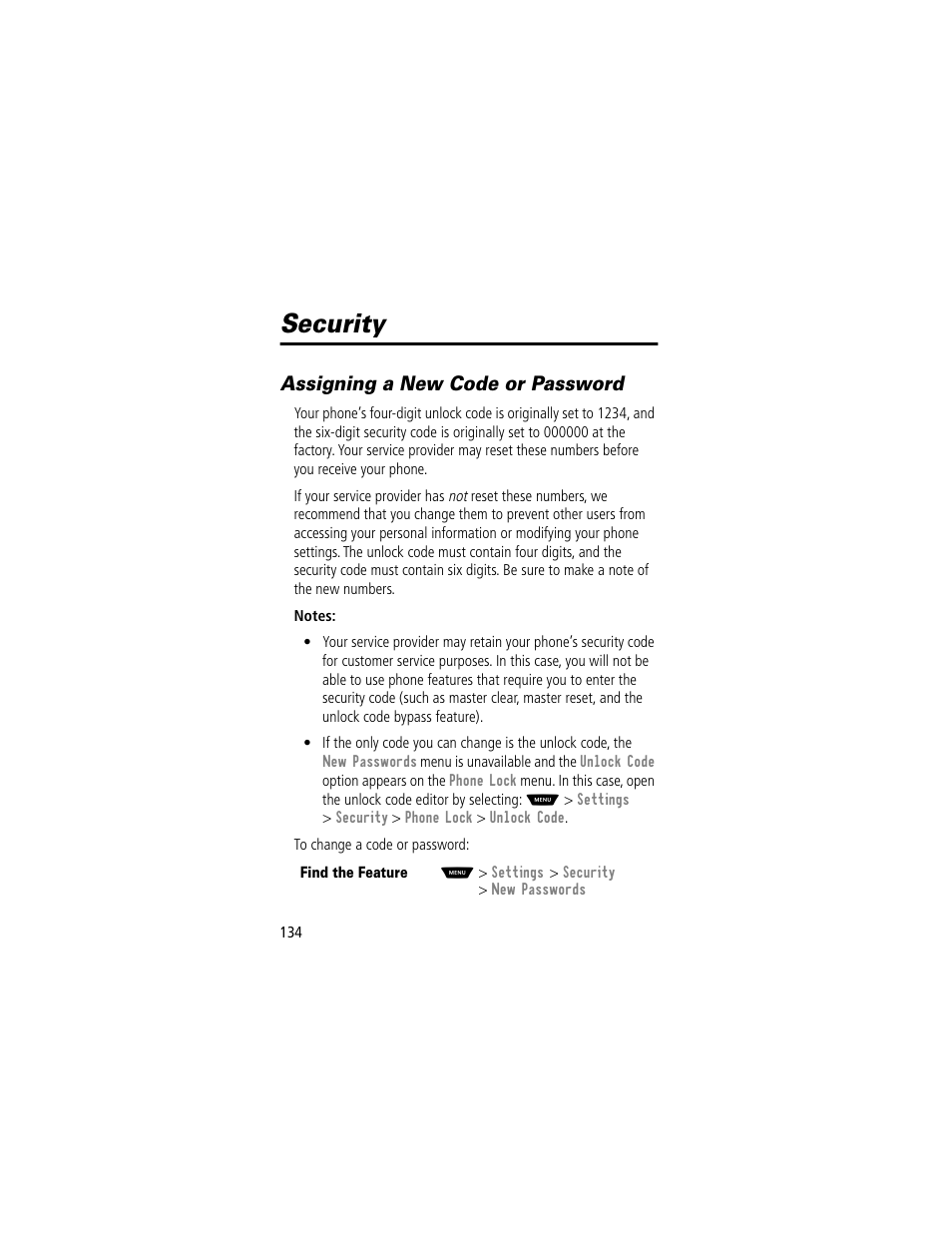 Security, Assigning a new code or password | Motorola 60t User Manual | Page 136 / 192