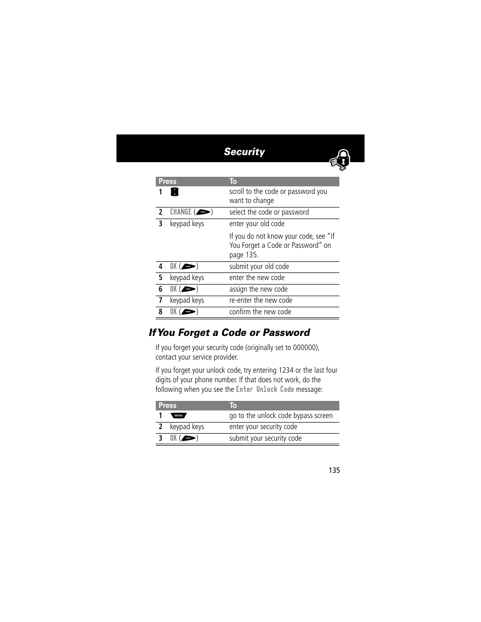 If you forget a code or password, Security if you forget a code or password | Motorola 60t User Manual | Page 137 / 192