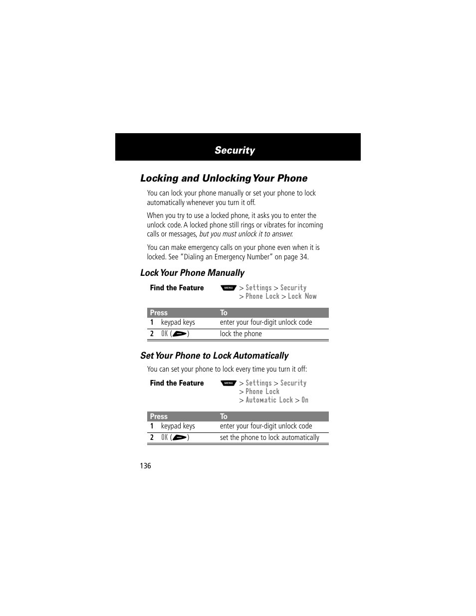 Locking and unlocking your phone, Security | Motorola 60t User Manual | Page 138 / 192