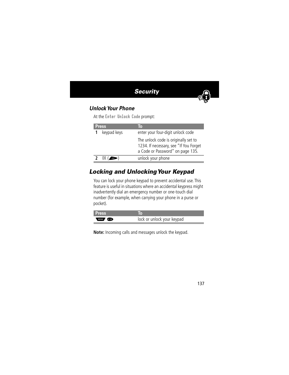 Locking and unlocking your keypad, Security, Unlock your phone | Motorola 60t User Manual | Page 139 / 192