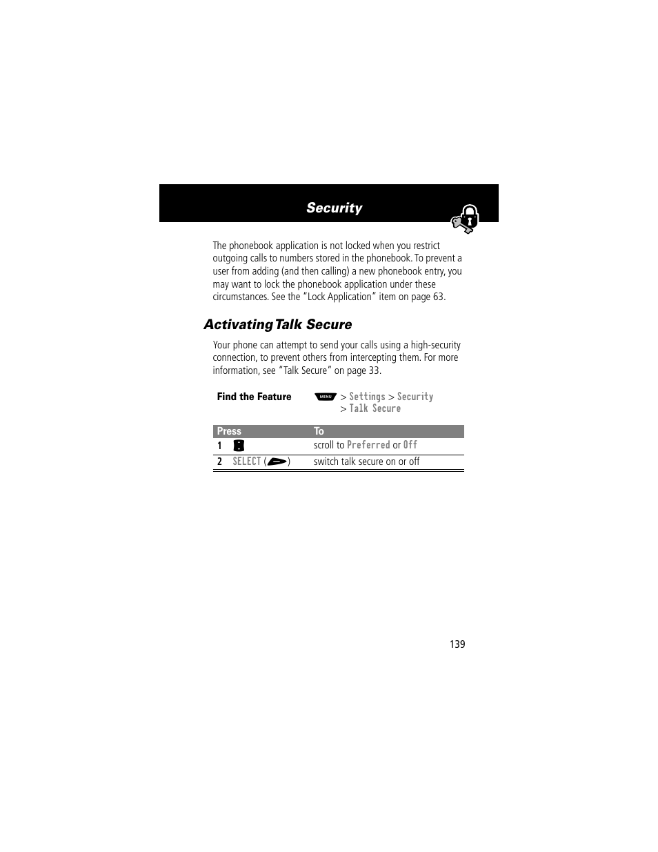 Activating talk secure, Security | Motorola 60t User Manual | Page 141 / 192