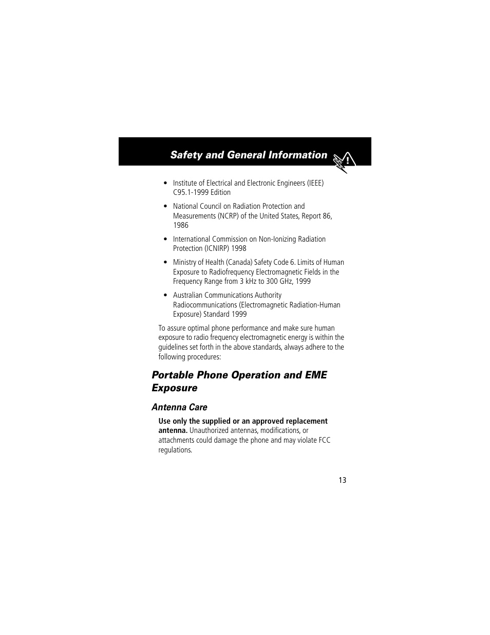 Safety and general information, Portable phone operation and eme exposure | Motorola 60t User Manual | Page 15 / 192