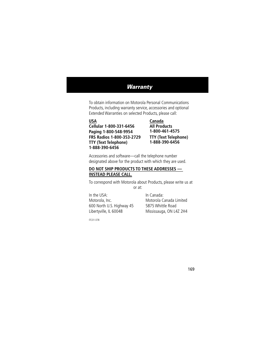 Warranty | Motorola 60t User Manual | Page 171 / 192
