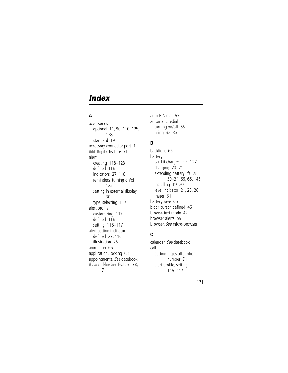 Index | Motorola 60t User Manual | Page 173 / 192