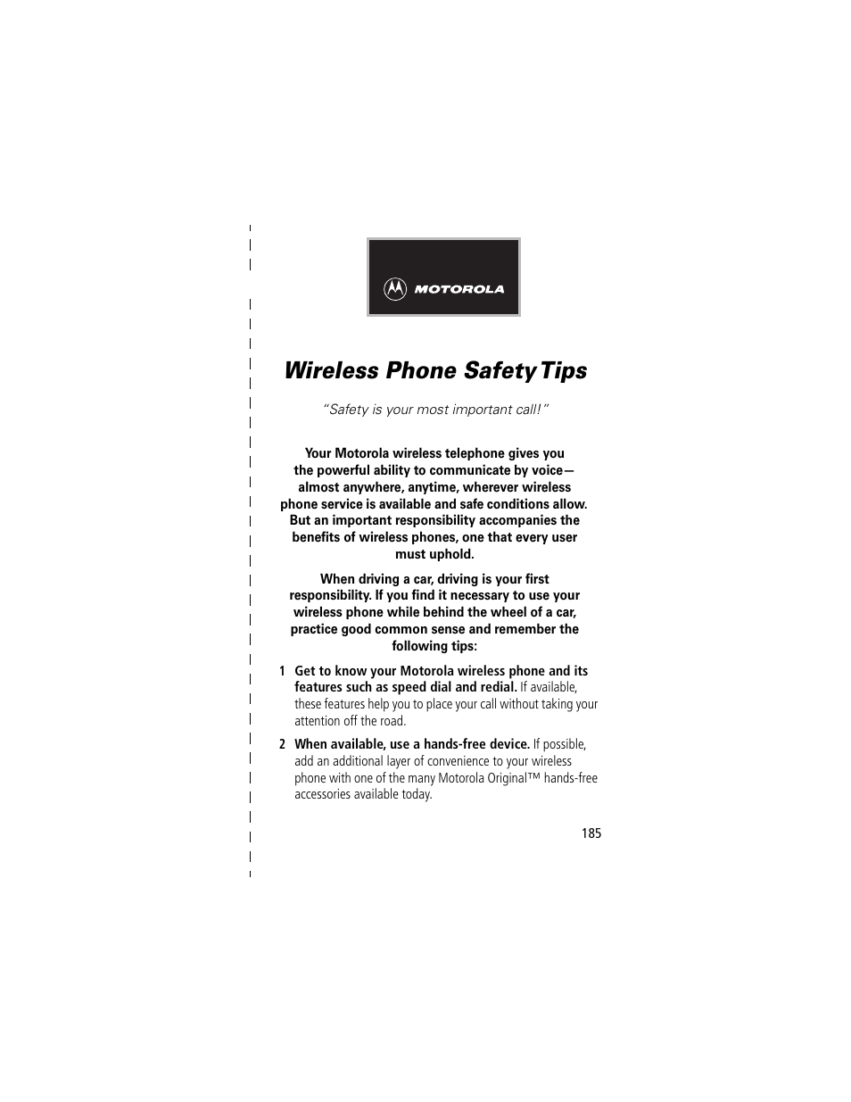 Wireless phone safety tips | Motorola 60t User Manual | Page 187 / 192