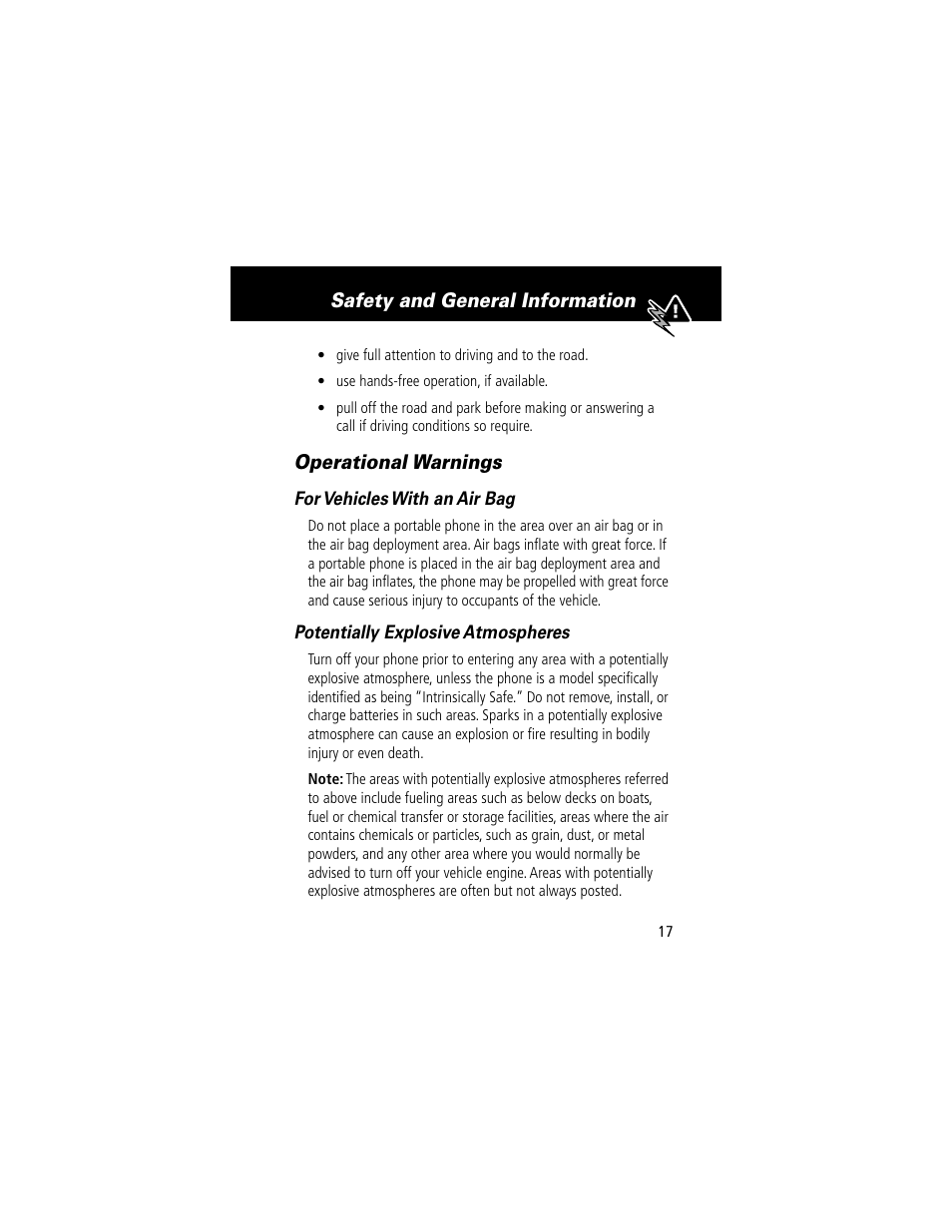 Safety and general information, Operational warnings | Motorola 60t User Manual | Page 19 / 192