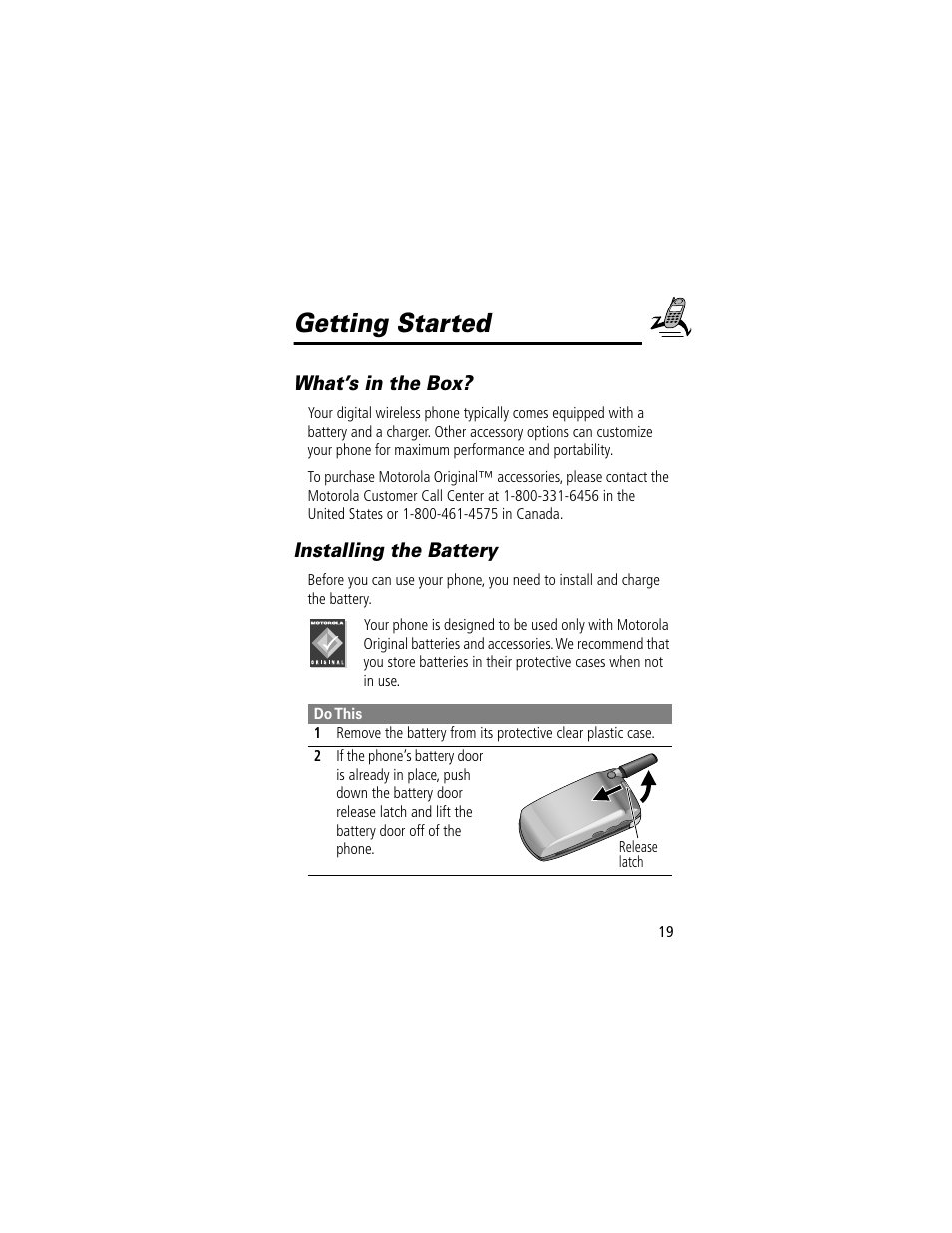 Getting started, What’s in the box, Installing the battery | What’s in the box? installing the battery | Motorola 60t User Manual | Page 21 / 192