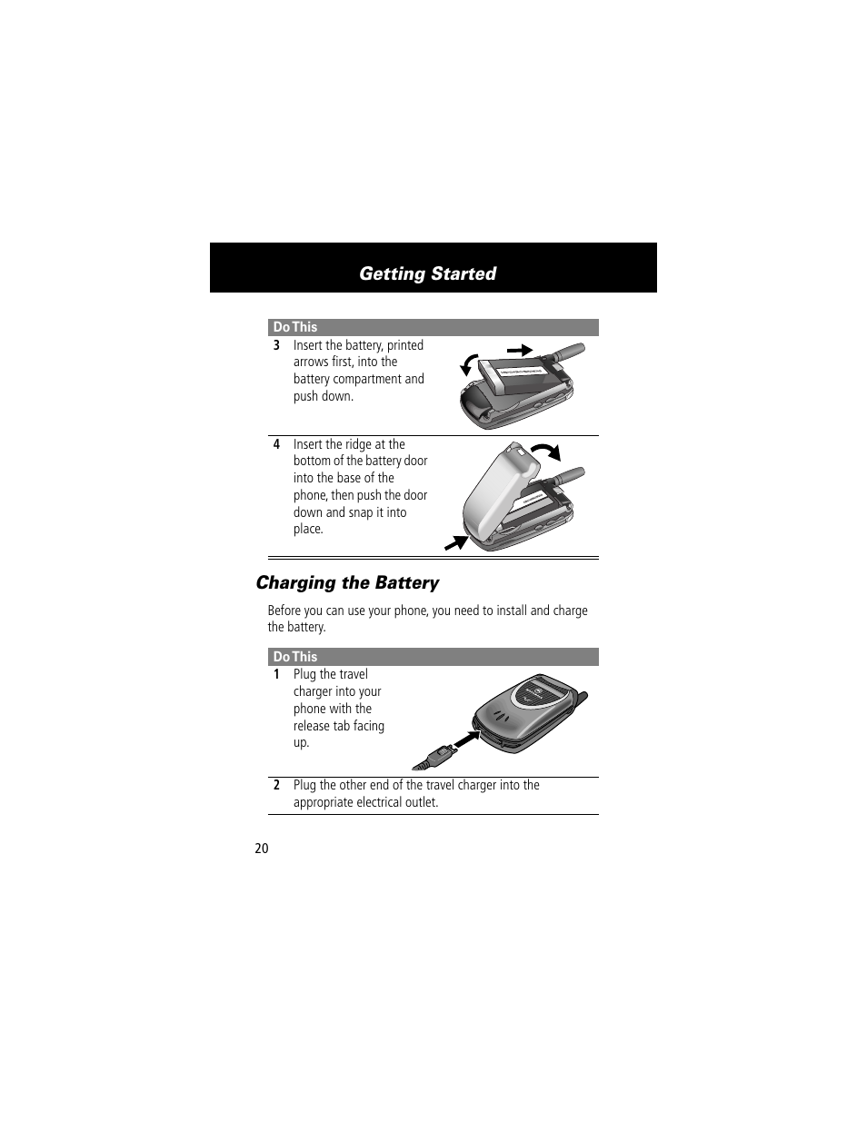 Charging the battery, Getting started | Motorola 60t User Manual | Page 22 / 192