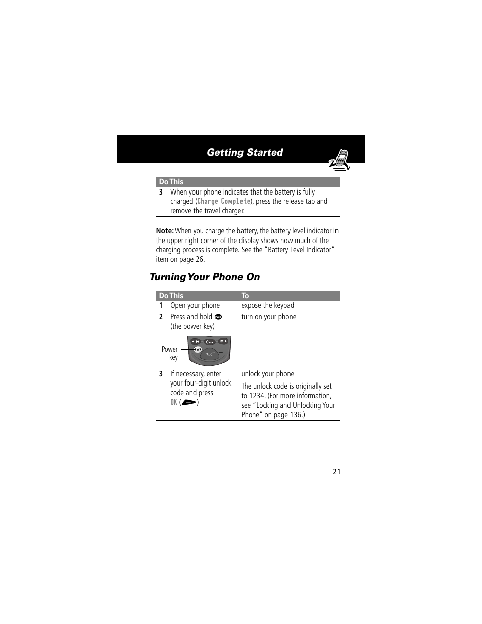 Turning your phone on, Getting started | Motorola 60t User Manual | Page 23 / 192