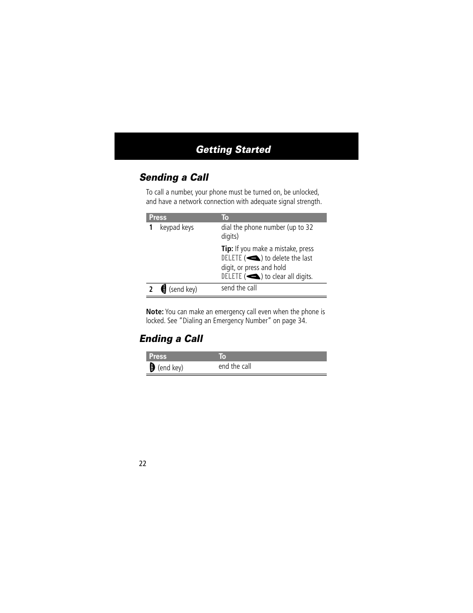 Sending a call, Ending a call, Sending a call ending a call | Getting started | Motorola 60t User Manual | Page 24 / 192