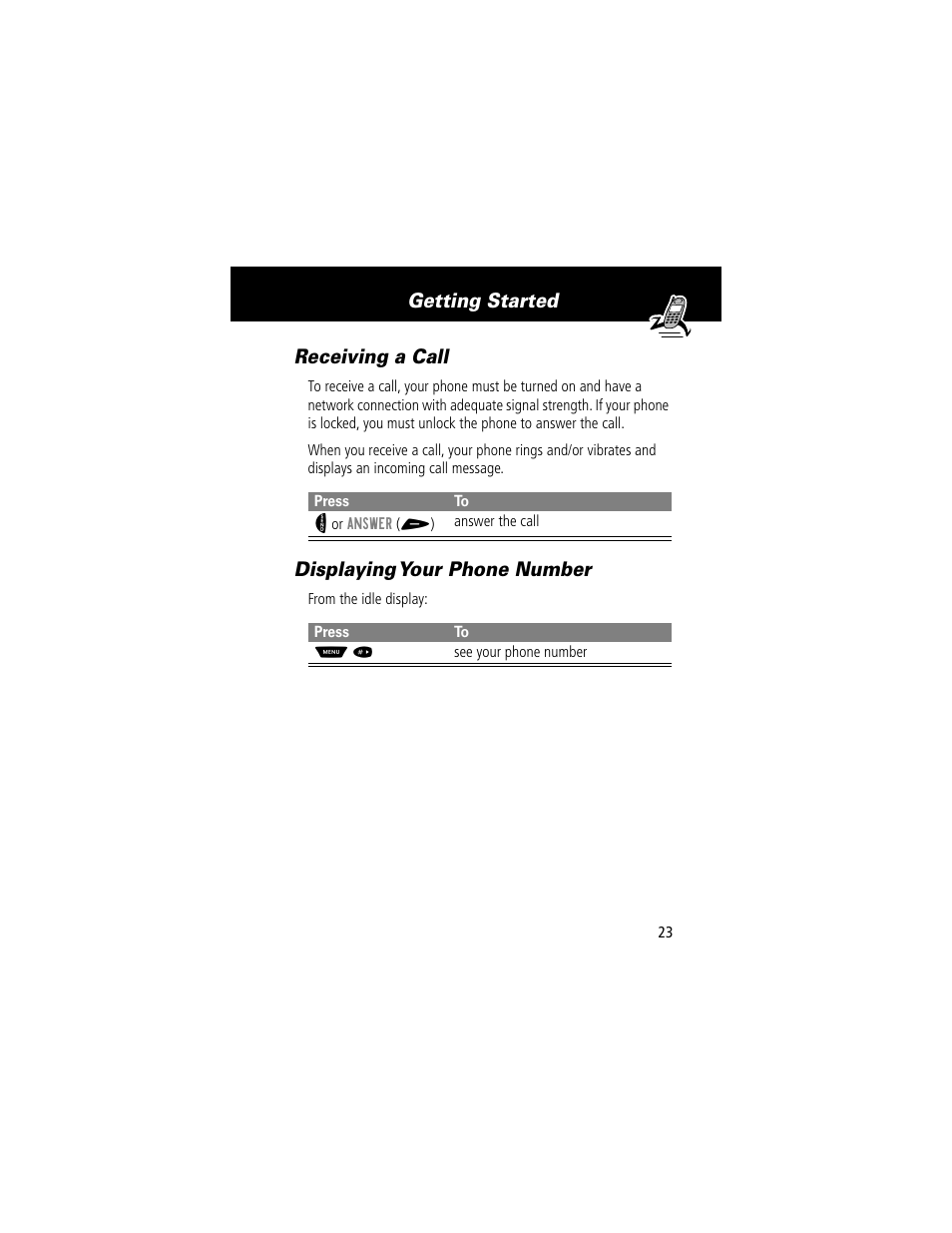 Receiving a call, Displaying your phone number, Receiving a call displaying your phone number | Getting started receiving a call | Motorola 60t User Manual | Page 25 / 192